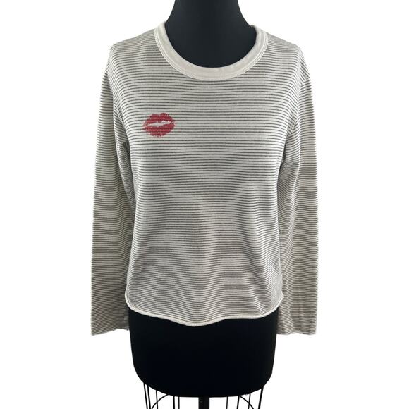 MONROW White Black Sweatshirt Cotton Striped Kiss Lip Crew Neck Pullover Size XS - Picture 1 of 10